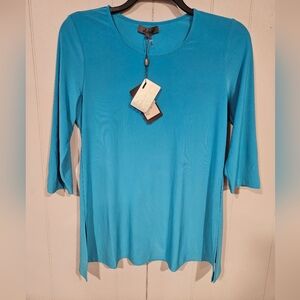 Alisha D Ocean Blue Tunic Jersey Knit Women Round Neck Top Medium 3/4 Sleeve NWT